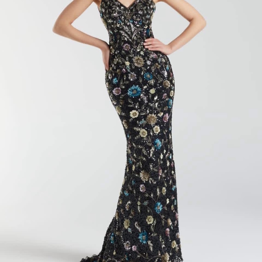 Sherri Hill Black Floral Embellished Prom Dress - Picture 1 of 2